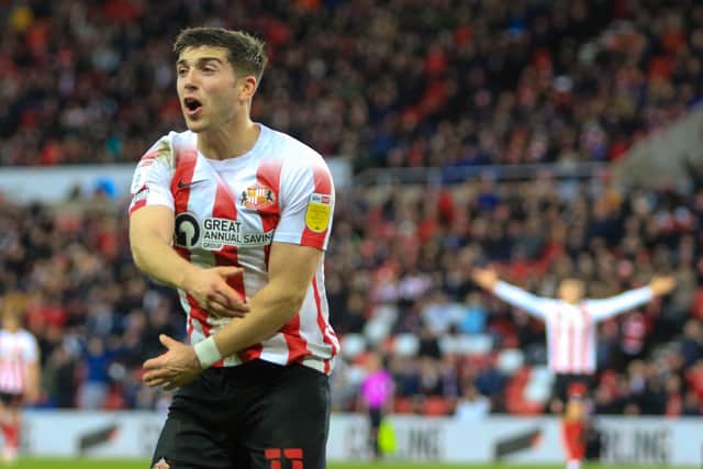 Lynden Gooch appeals for a first-half penalty at the Stadium of Light