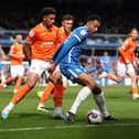 BIRMINGHAM, ENGLAND - APRIL 22: Jobe Bellingham of Birmingham City is challenged by Jordan Lawrence-Gabriel of Blackpool during the Sky Bet Championship between Birmingham City and Blackpool at St Andrews (stadium) on April 22, 2023 in Birmingham, England. (Photo by Cameron Smith/Getty Images)