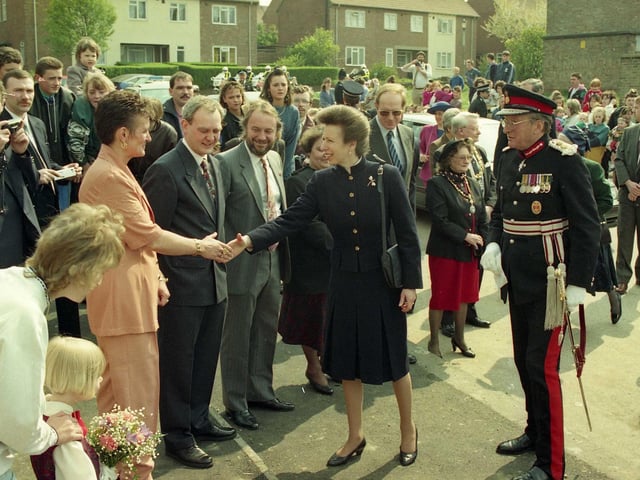 Princess Anne on her visit to Pennywell Neighbourhood Centre in 1993. Lindsay Watson presented the bouquet.
