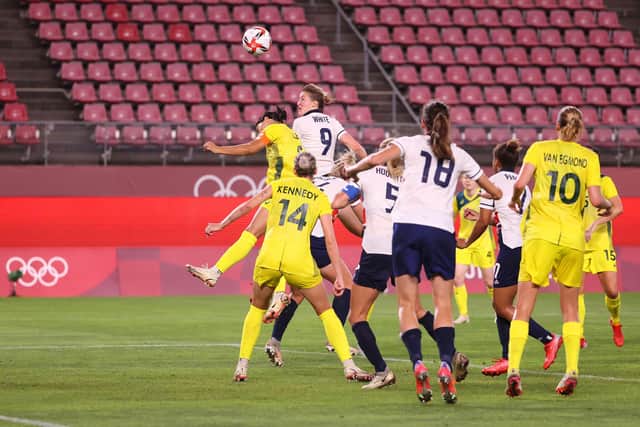 KASHIMA, JAPAN - JULY 30: Ellen White #9 of Team Great Britain scores their side's third goal during the Women's Quarter Final match between Great Britain and Australia on day seven of the Tokyo 2020 Olympic Games at Kashima Stadium on July 30, 2021 in Kashima, Ibaraki, Japan. (Photo by Atsushi Tomura/Getty Images)