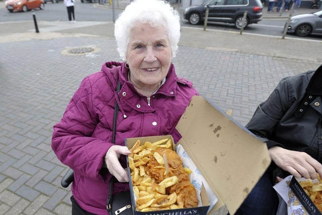 Margaret Spoors, 82, joins daughter Rosalind in the family's annual pilgrimage to enjoy Good Friday fish and chips.