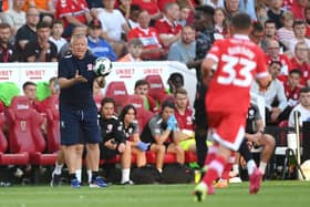 MIDDLESBROUGH, ENGLAND - AUGUST 09: Middlesbrough manager Chris Wilder reacts on the touchline during the Carabao Cup First Round match between Middlesbrough and Barnsley at Riverside Stadium on August 10, 2022 in Middlesbrough, England. (Photo by Stu Forster/Getty Images)