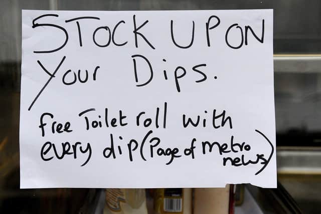 The sign in the window of The Dip Shop, in Maritime Street, Sunderland.  Picture by Frank Reid