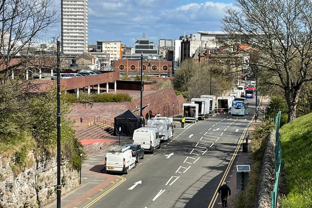The production crew and equipment spanned almost the length of Burdon Road in Sunderland city centre.