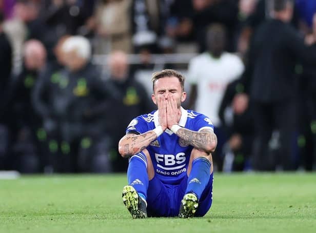 James Maddison of Leicester City reacts after the final whistle in the Premier League match between Tottenham Hotspur and Leicester City at Tottenham Hotspur Stadium on September 17, 2022 in London, England. (Photo by Ryan Pierse/Getty Images)