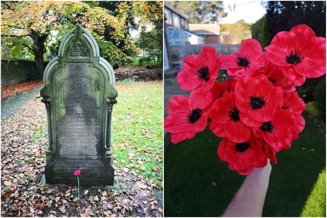 A poppy marks the grave of Private W Robinson who died in the First World War, aged just 30, and a close-up of Karen's handmade poppies