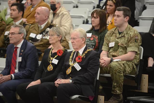 Sunderland City Mayor, Cllr Harry Trueman, and Mayoress Cllr Dorothy Trueman, attending the Foundation of Light Remembrance Day event at the Beacon of Light.