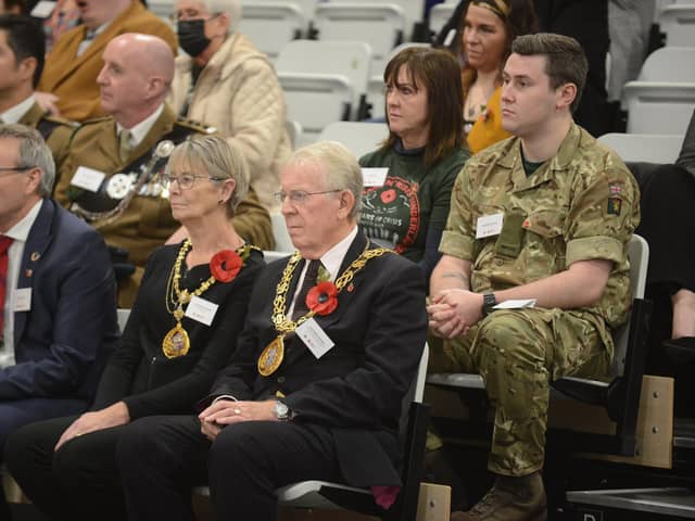 Sunderland City Mayor, Cllr Harry Trueman, and Mayoress Cllr Dorothy Trueman, attending the Foundation of Light Remembrance Day event at the Beacon of Light.