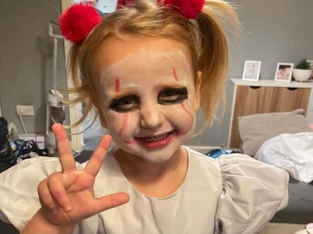 Three-year-old Amelia Rose dresses up as Pennywise.