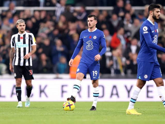 Mason Mount of Chelsea reacts after Joe Willock of Newcastle United scored their team's first goal during the Premier League match between Newcastle United and Chelsea FC at St. James Park on November 12, 2022 in Newcastle upon Tyne, England. (Photo by George Wood/Getty Images)