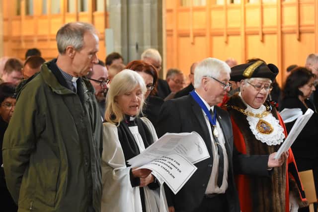The choral evensong takes place at Sunderland Minster. Revd Dick Bradshaw and Revd Jen Bradshaw are pictured in the foreground.