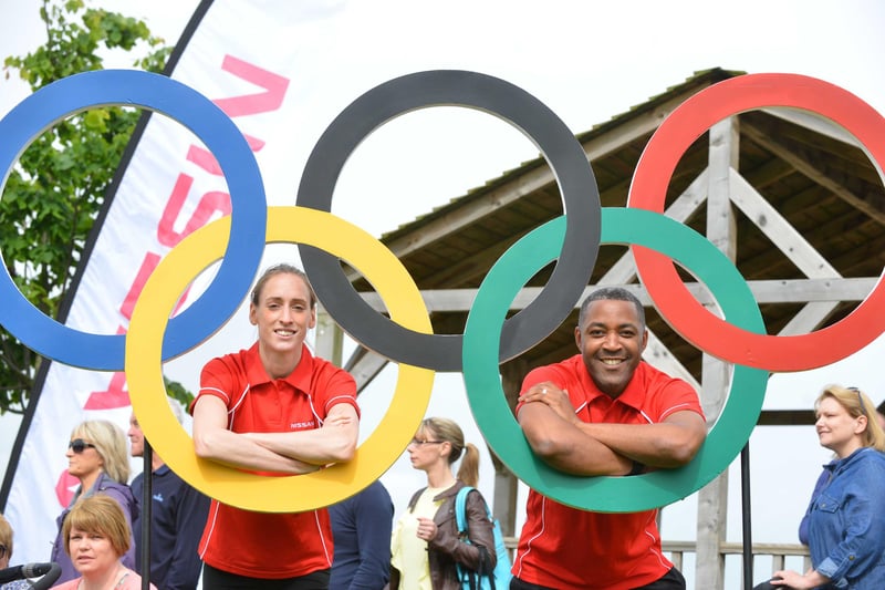 Nissan's Ultimate Olympic Sports Day at Newbottle Primary School in 2012. Pictured are Olympians Laura Weightman and Darren Campbell.