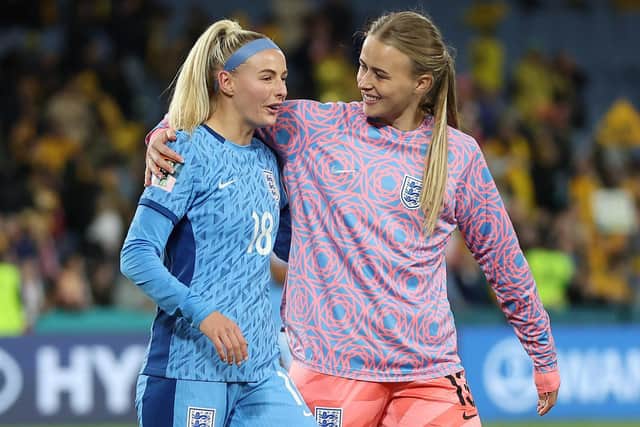 Chloe Kelly, left, with Hannah Hampton of England celebrating after the team's semi-final victory. Getty Images.