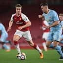Ben Sheaf of Arsenal challenges Luke Molyneux of Sunderland during the Premier League 2 match between Arsenal and Sunderland at Emirates Stadium on October 16, 2017 in London, England.  (Photo by David Price/Arsenal FC via Getty Images)