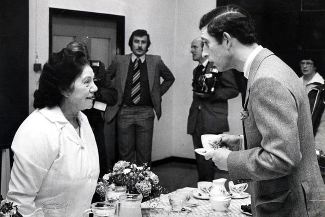Prince Charles enjoyed a cuppa at Sunderland Shipbuilders, Pallion Yard, with Gladys Storey in 1979.