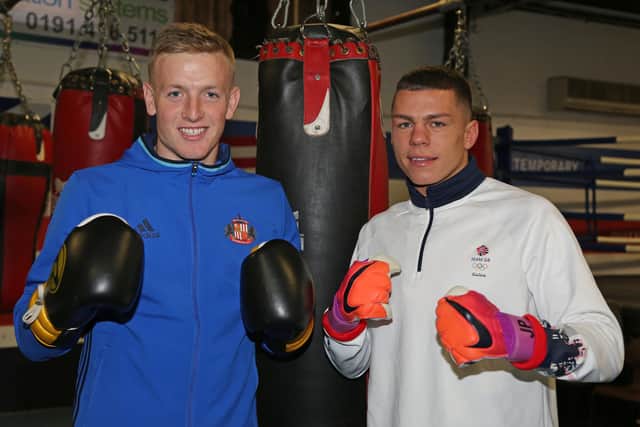Jordan Pickford (left) and Pat McCormack when Jordan visited Pat's base at Birtley Boxing Club