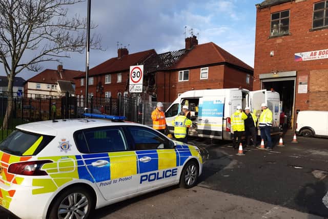 Emergency services were still at the scene of the suspected gas blast on Wednesday morning.