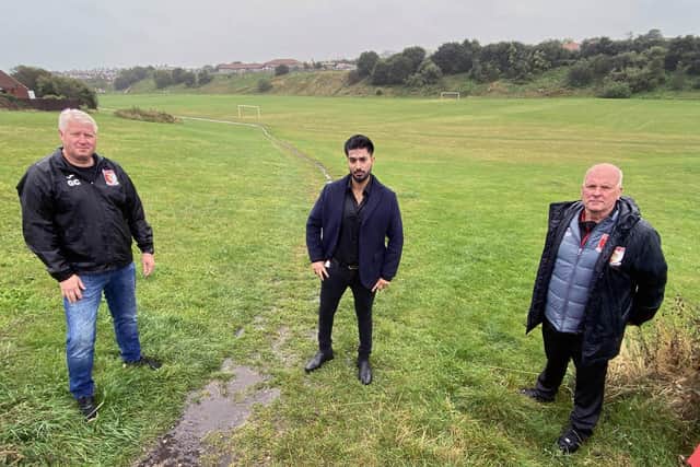 (Left to right) Under 18s manager Ged Carolan, Councillor Usman Ali, and Sunderland RCA Youth Football Club Chairman Dave Ramshaw have been left "really disappointed" at the damage caused to the club's newly acquired football pitches. 

Picture by FRANK REID.