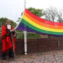The Mayor of Sunderland, Councillor David Snowdon and Mayoress, Councillor Dianne Snowdon with the Rainbow Flag flying above Sunderland Civic Centre in support of International Day Against Homophobia, Transphobia and Biphobia (IDAHOTB)