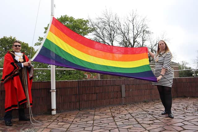 The Mayor of Sunderland, Councillor David Snowdon and Mayoress, Councillor Dianne Snowdon with the Rainbow Flag flying above Sunderland Civic Centre in support of International Day Against Homophobia, Transphobia and Biphobia (IDAHOTB)