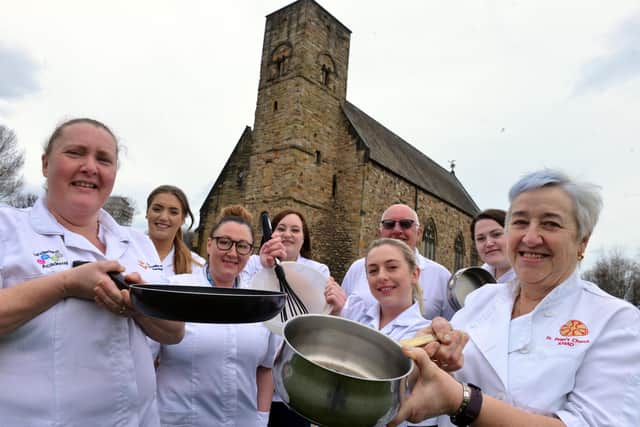 Student nurse Vici Peebles, front left, and her mother Anne Kemp, front right, with fellow student nurses ahead of coronavirus food distribution cook-off for the vulnerable at St Peter's Church. Picture by Stu Norton.
