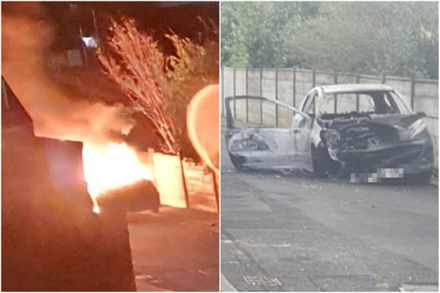 Pictures show the car ablaze in Southwick Road and the aftermath. Picture by Pollyjr.