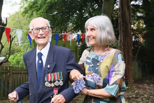 Len Gibson and Daughter Jennifer Gladwell at VJ Day 75 commemorations 2020 at Daft as a Brush House. Picture by Tony Iley Media.