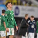 BELFAST, NORTHERN IRELAND - JUNE 02: Trai Hume of Northern Ireland looks dejected following defeat in the UEFA Nations League League C Group 2 match between Northern Ireland and Greece at Windsor Park on June 02, 2022 in Belfast, Northern Ireland. (Photo by Charles McQuillan/Getty Images)