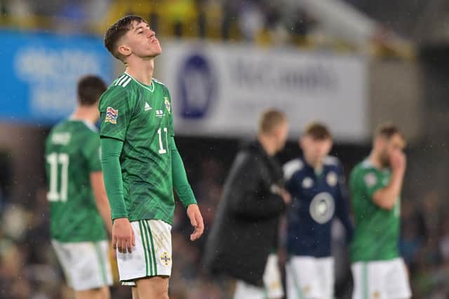 BELFAST, NORTHERN IRELAND - JUNE 02: Trai Hume of Northern Ireland looks dejected following defeat in the UEFA Nations League League C Group 2 match between Northern Ireland and Greece at Windsor Park on June 02, 2022 in Belfast, Northern Ireland. (Photo by Charles McQuillan/Getty Images)