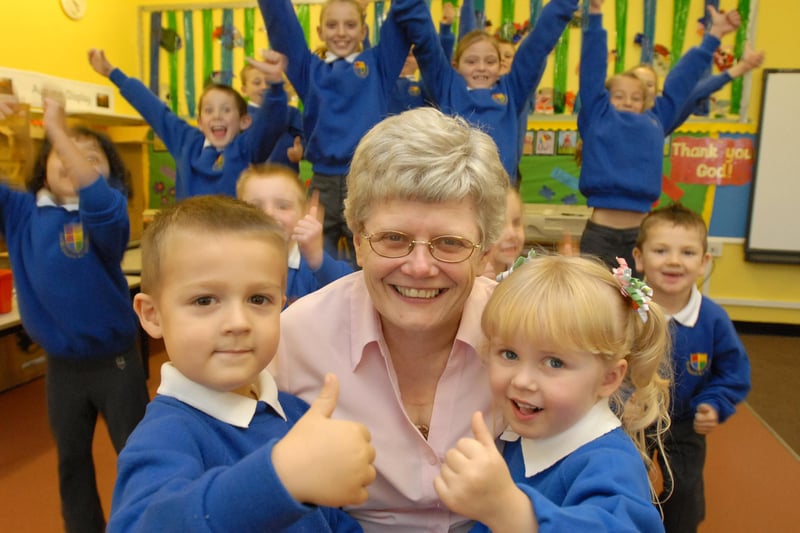 Head teacher Irene Pallas was celebrating an Outstanding Ofsted report with pupils in this photo from 14 years ago. Were you pictured with her?