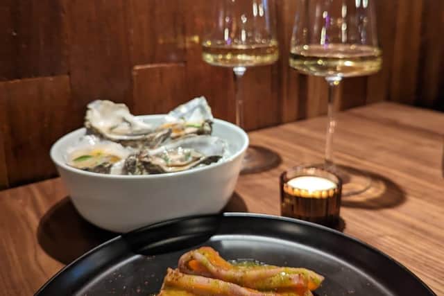 Mezcal-cured salmon and oysters