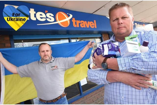 Tate's Travel part owner Lee Tate and Gardiners Holidays Managing Director Adrian Smith getting set for their mercy mission to relocate Ukrainian refugee families.