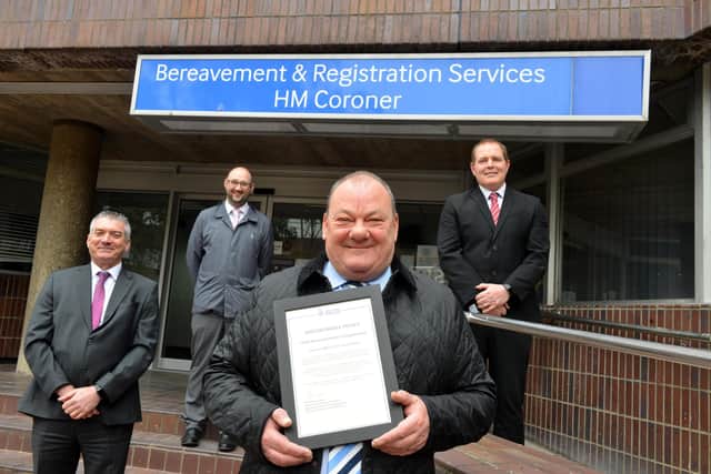 Sunderland coroner's officer Neville Dixon has retired from his role. From left Northumbria Police Detective Chief Inspector Ed Small, Detective Inspector Chris Deavin and Dectective Superintendent Mark Ord as they presented him with a Chief Superintendent's Compliment for his work.