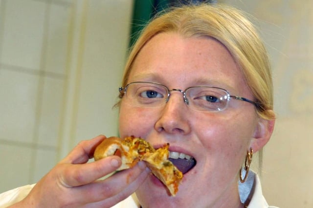 A pizza with a sausage crust was being tried by Claire Miller at Pizza Uno in Pallion in 2005.