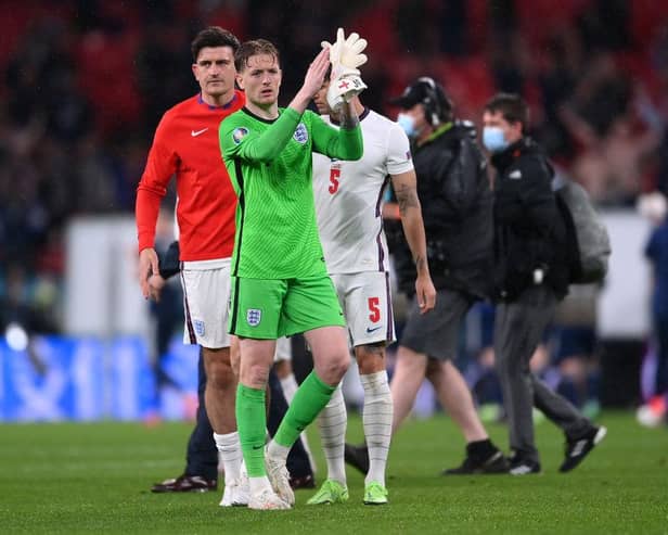 Jordan Pickford of England applauds the fans after the UEFA Euro 2020 Championship Group D match between England and Scotland.