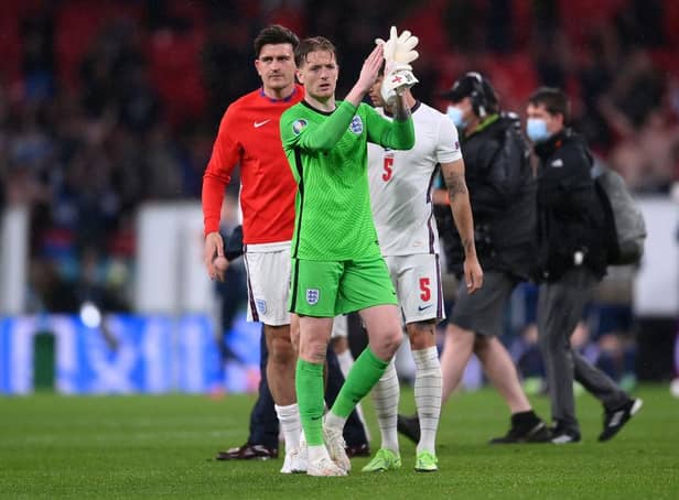 Jordan Pickford of England applauds the fans after the UEFA Euro 2020 Championship Group D match between England and Scotland.