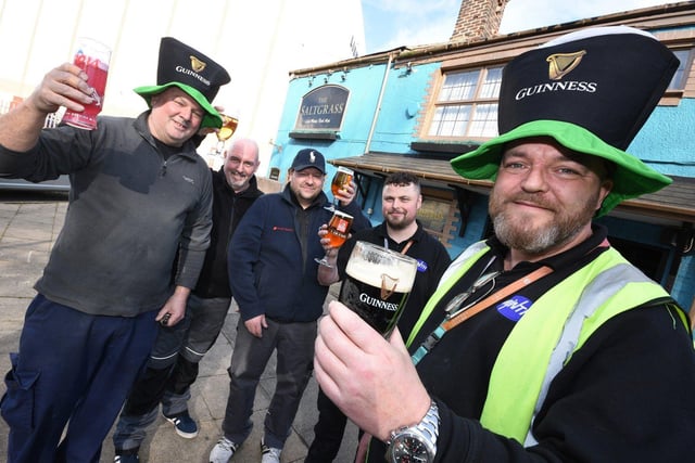Saltgrass customers Olly Fitzpatrick, front right and work colleagues Dean Dgg, Paul Harberson, Gary Rooney and Kev Stephenson enjoy St Patrick's Day.