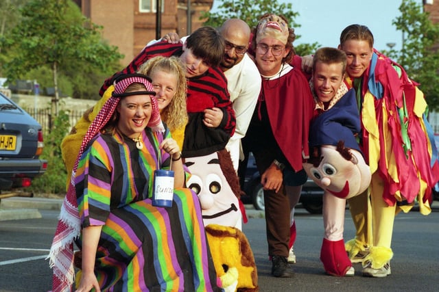 These fancy dress fundraisers were raising money for the Prince's Trust Volunteer Community Project 28 years ago. Pictured left to right:  Louise Greaves, Fiona Johnson, Angie Forster, Zaf Iqbal, Alan Younger, John Coates and Dave Cunningham.