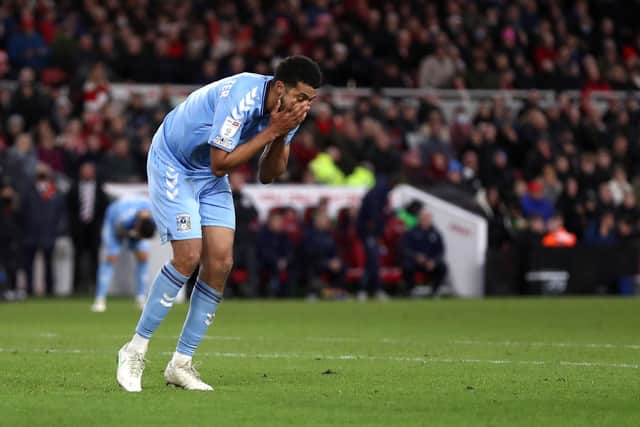 MIDDLESBROUGH, ENGLAND - JANUARY 29: Jake Clarke-Salter of Coventry City reacts after a missed chance during the Sky Bet Championship match between Middlesbrough and Coventry City at Riverside Stadium on January 29, 2022 in Middlesbrough, England. (Photo by George Wood/Getty Images)