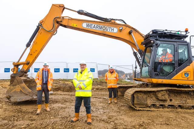 Work starts at The Birches new housing development by Story Homes in Sunderland. L/R Allan Thompson ( NE MD Story Homes), Cllr Graeme Miller and Pat O'Neil (Prodcution Director Story Homes)