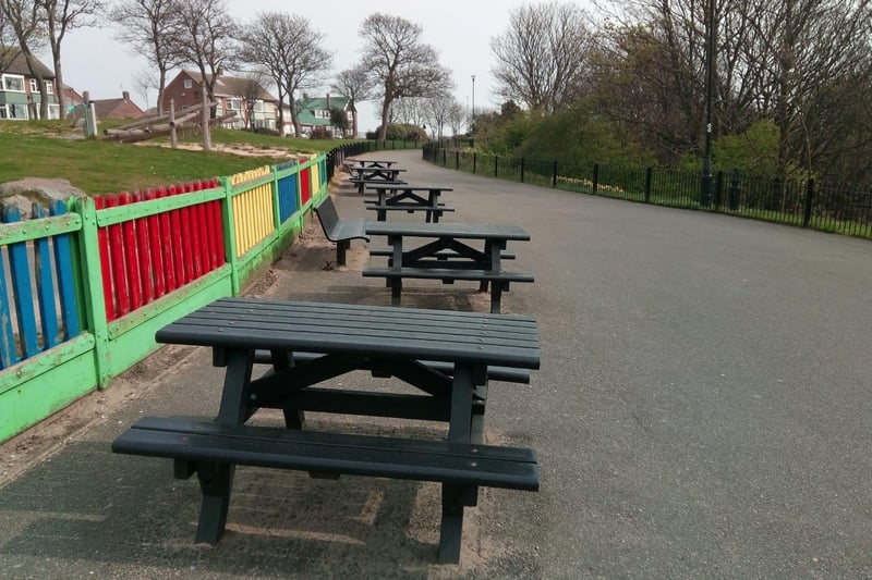 Empty picnic tables in Roker Park as families stayed at home.