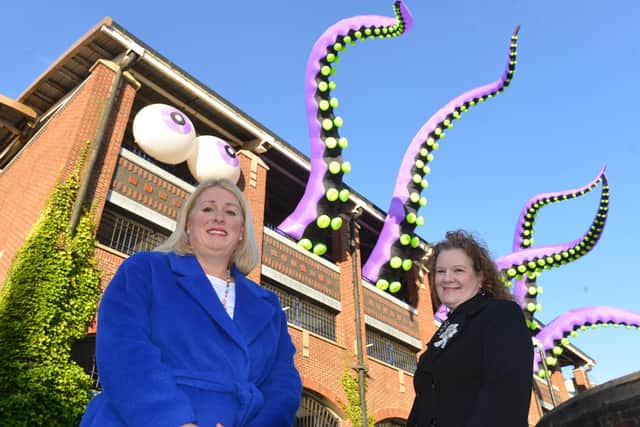 Mackem Monsters inflatables make a return to Sunderland. Sunderland BID CEO Sharon Appleby with Coun Linda Williams (R).