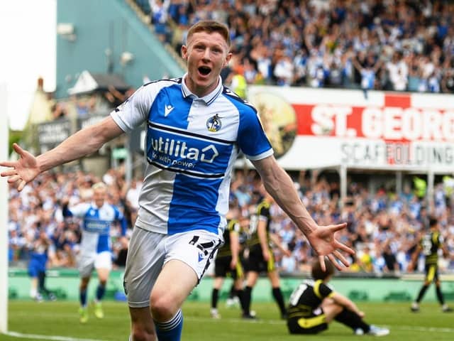 Elliot Anderson celebrates his promotion-winning goal for Bristol Rovers last season.