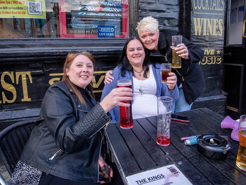 Andrea McCreedy, Jodee Nichols and Perry Wynne enjoying a pint at the Kings in Albert Road, Southsea