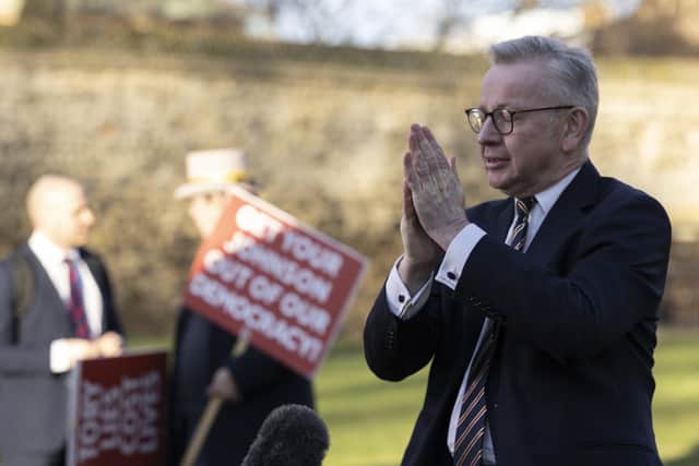 LONDON, ENGLAND - FEBRUARY 02: Levelling-Up Secretary Michael Gove is interviewed during a live broadcast on College Green on February 02, 2022 in London, England. Michael Gove has been unveiling the Governmentâ€™s â€˜levelling upâ€™ agenda, which aims to close the gap between the rich and poor parts of the country, and was a key part of the Conservative party's manifesto in 2019. (Photo by Dan Kitwood/Getty Images)