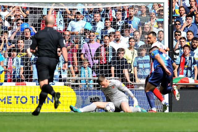 Anthony Patterson makes a crucial save during the League One play-off final