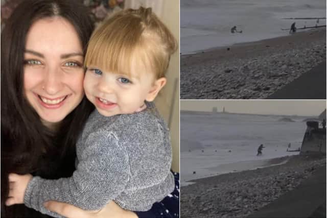 Rosa Fawcett, pictured with her daughter Edie, was swept into the sea at Seaham and rescued by a passerby