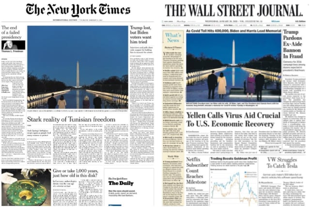 The New York Times and The Wall Street Journal both prominently featured the same photo of Joe Biden and Kamala Harris facing the Washington Monument with their spouses.