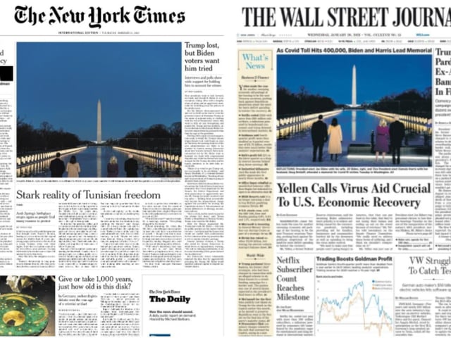 The New York Times and The Wall Street Journal both prominently featured the same photo of Joe Biden and Kamala Harris facing the Washington Monument with their spouses.