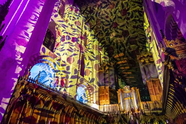 St Albans Cathedral Life son et lumiere projection by Luxmuralis in 2021.